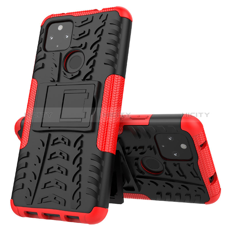 Coque Contour Silicone et Plastique Housse Etui Mat avec Support JX1 pour Google Pixel 4a 5G Rouge Plus