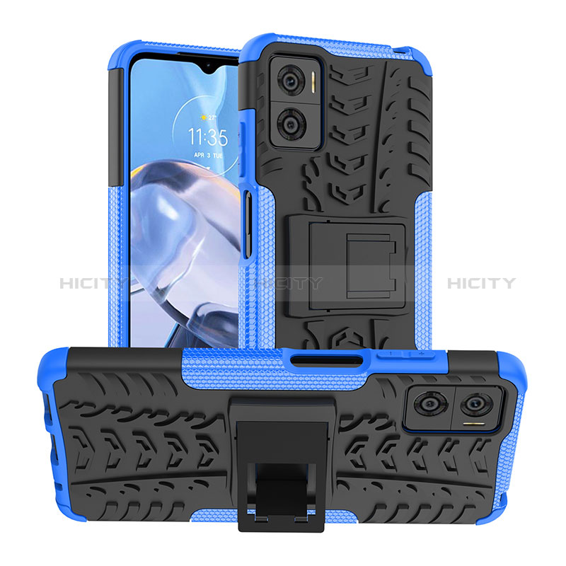 Coque Contour Silicone et Plastique Housse Etui Mat avec Support JX1 pour Motorola Moto E22 Bleu Plus