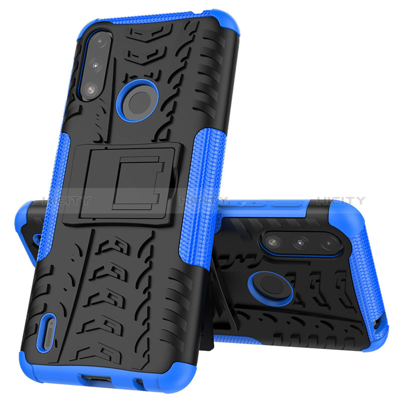 Coque Contour Silicone et Plastique Housse Etui Mat avec Support JX1 pour Motorola Moto E7 Power Bleu Plus