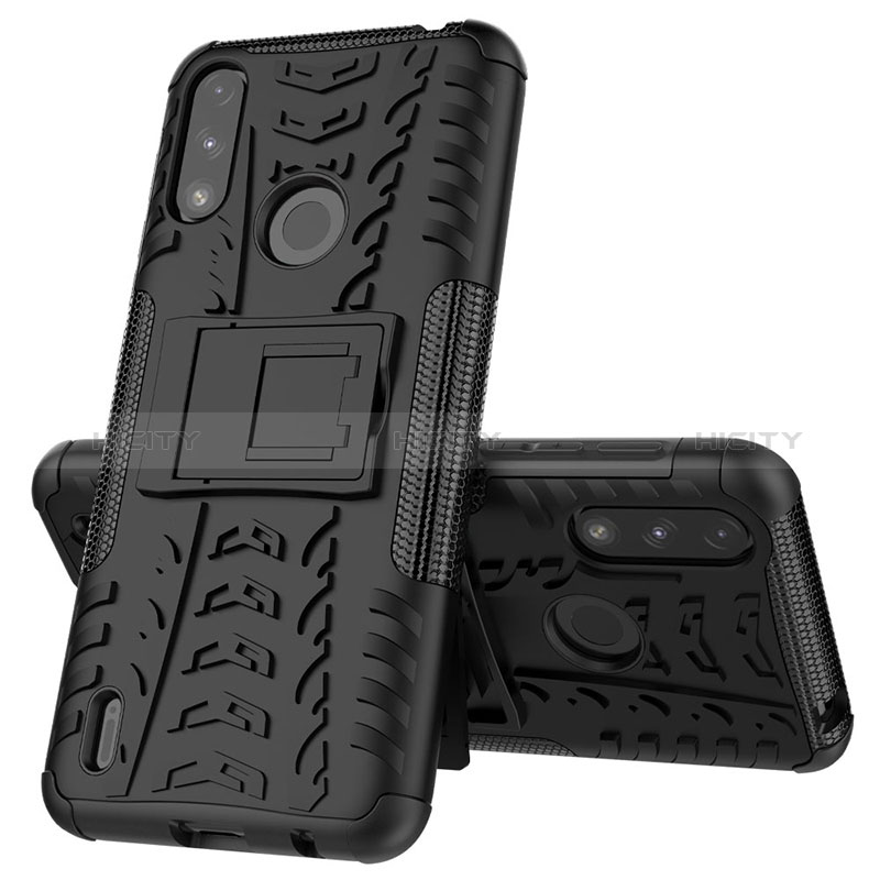 Coque Contour Silicone et Plastique Housse Etui Mat avec Support JX1 pour Motorola Moto E7 Power Noir Plus