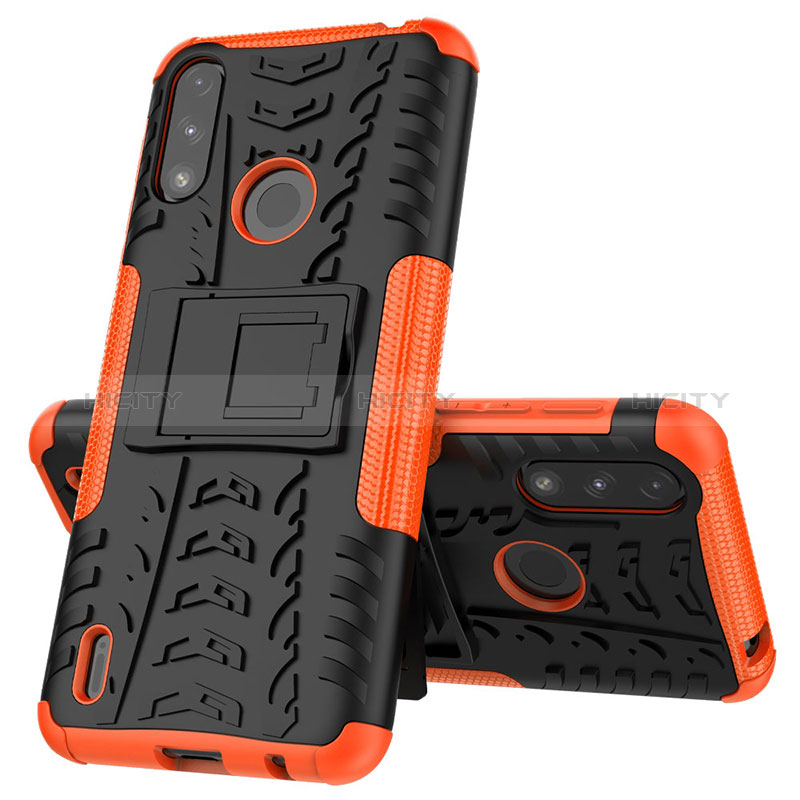 Coque Contour Silicone et Plastique Housse Etui Mat avec Support JX1 pour Motorola Moto E7 Power Orange Plus