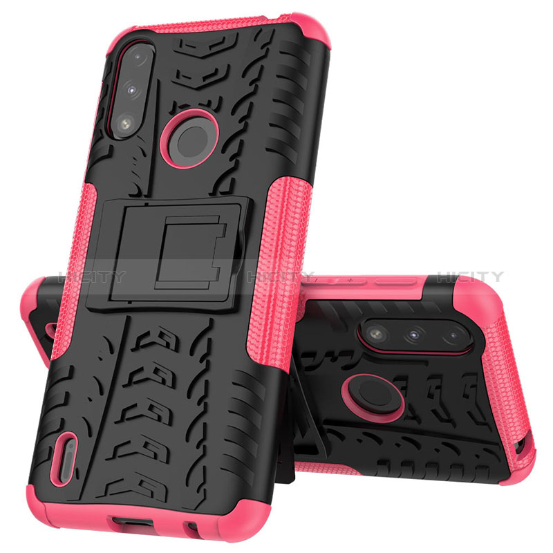 Coque Contour Silicone et Plastique Housse Etui Mat avec Support JX1 pour Motorola Moto E7 Power Rose Rouge Plus