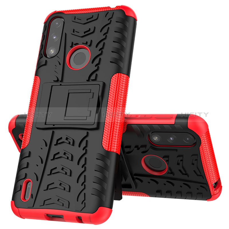 Coque Contour Silicone et Plastique Housse Etui Mat avec Support JX1 pour Motorola Moto E7 Power Rouge Plus