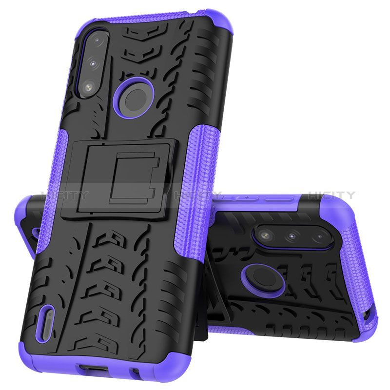 Coque Contour Silicone et Plastique Housse Etui Mat avec Support JX1 pour Motorola Moto E7 Power Violet Plus