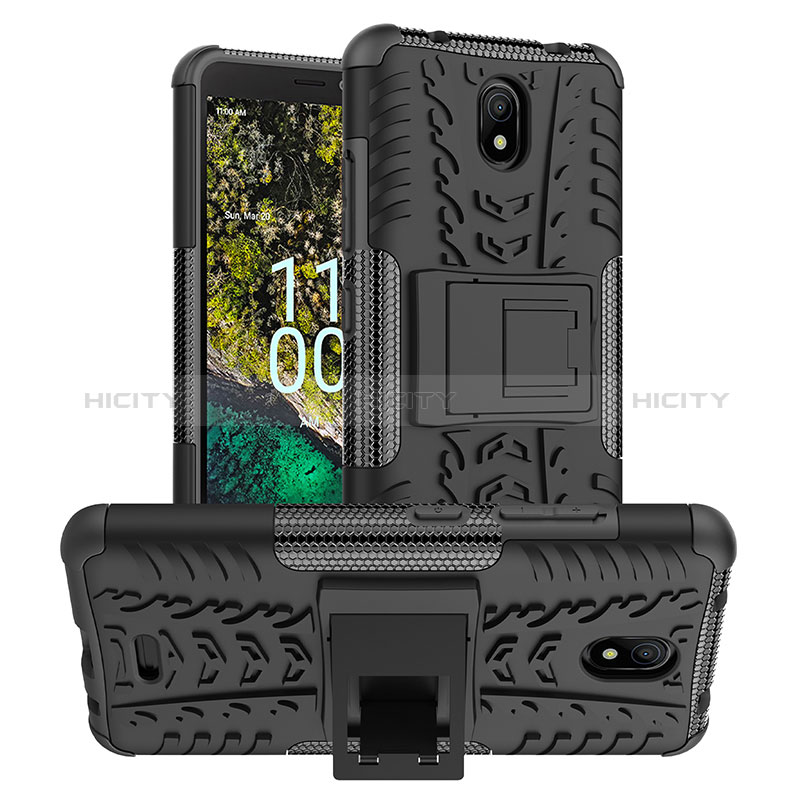 Coque Contour Silicone et Plastique Housse Etui Mat avec Support JX1 pour Nokia C100 Noir Plus