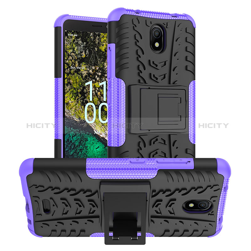 Coque Contour Silicone et Plastique Housse Etui Mat avec Support JX1 pour Nokia C100 Violet Plus