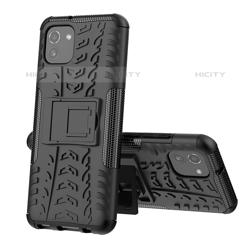 Coque Contour Silicone et Plastique Housse Etui Mat avec Support JX1 pour Samsung Galaxy A03 Noir Plus