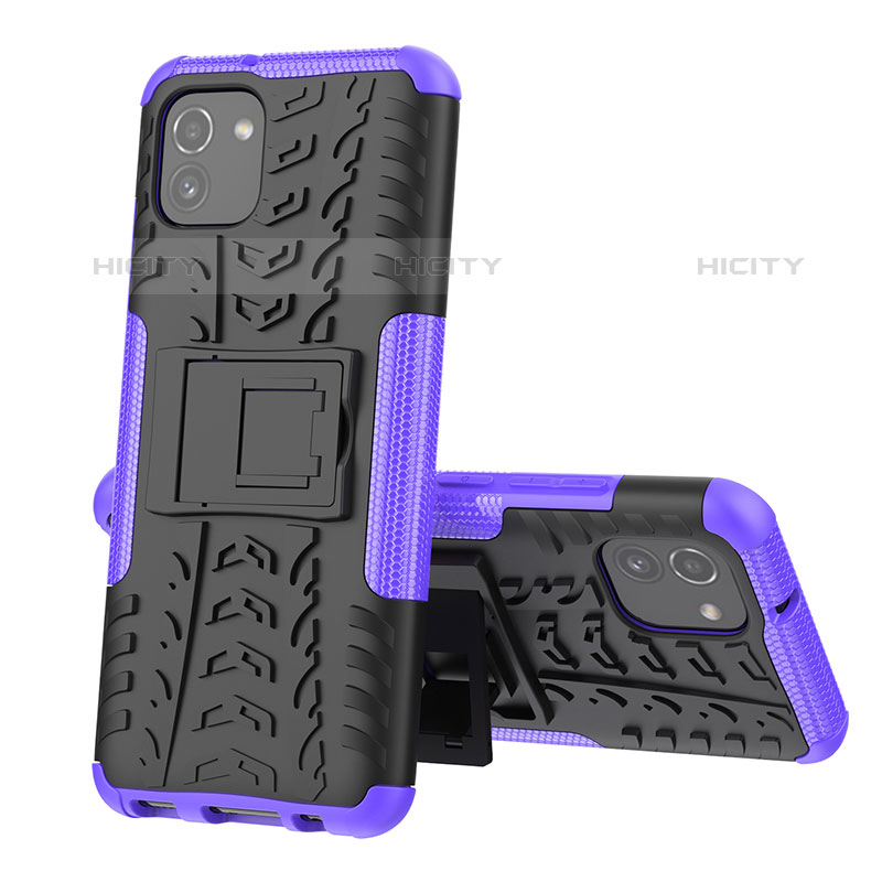 Coque Contour Silicone et Plastique Housse Etui Mat avec Support JX1 pour Samsung Galaxy A03 Violet Plus