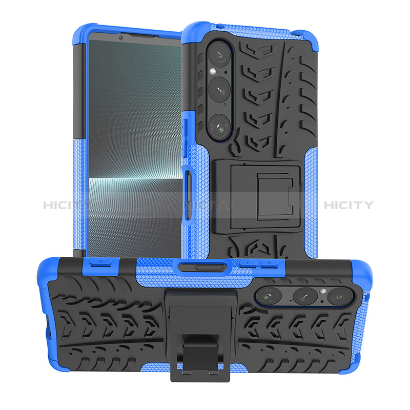 Coque Contour Silicone et Plastique Housse Etui Mat avec Support JX1 pour Sony Xperia 1 V Bleu Plus