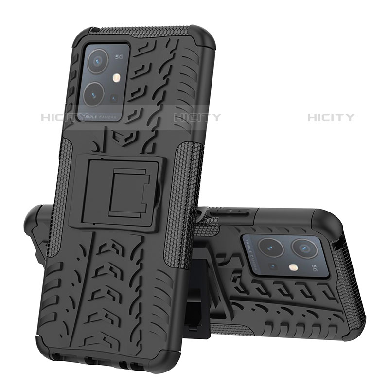 Coque Contour Silicone et Plastique Housse Etui Mat avec Support JX1 pour Vivo T1 5G India Noir Plus