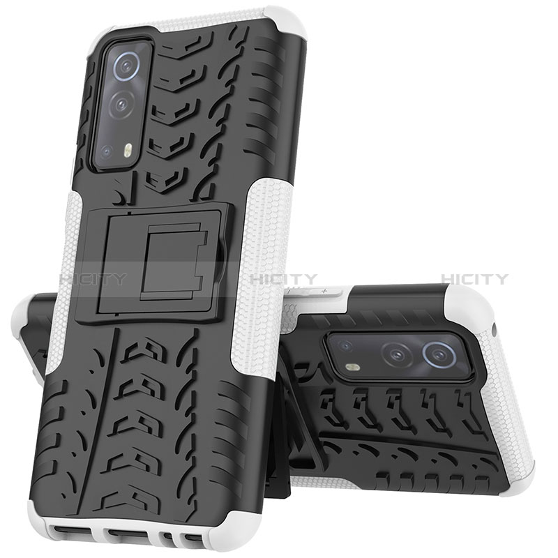 Coque Contour Silicone et Plastique Housse Etui Mat avec Support JX1 pour Vivo Y72 5G Argent Plus