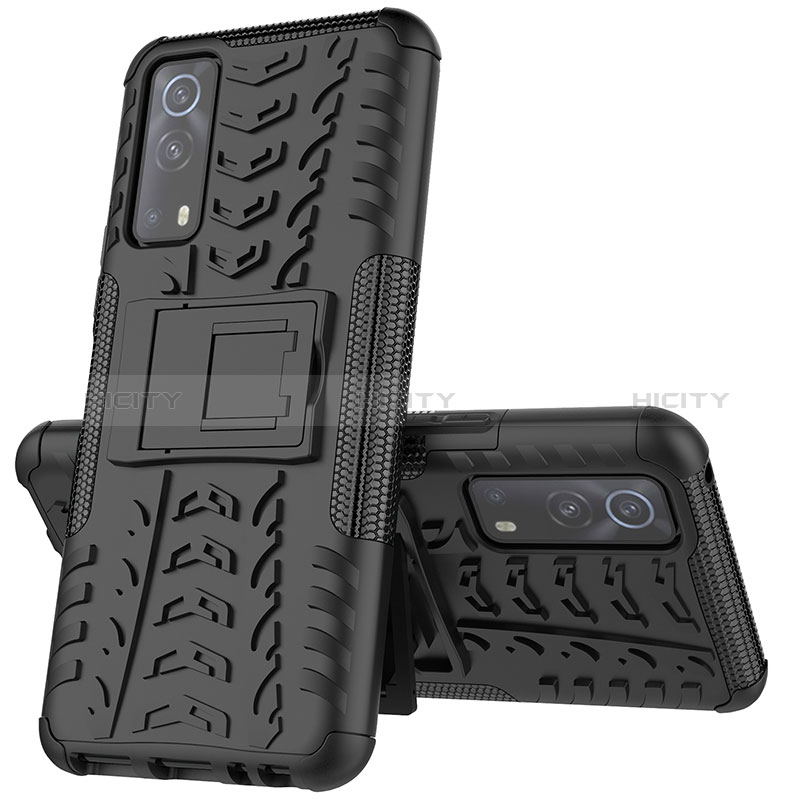 Coque Contour Silicone et Plastique Housse Etui Mat avec Support JX1 pour Vivo Y72 5G Noir Plus