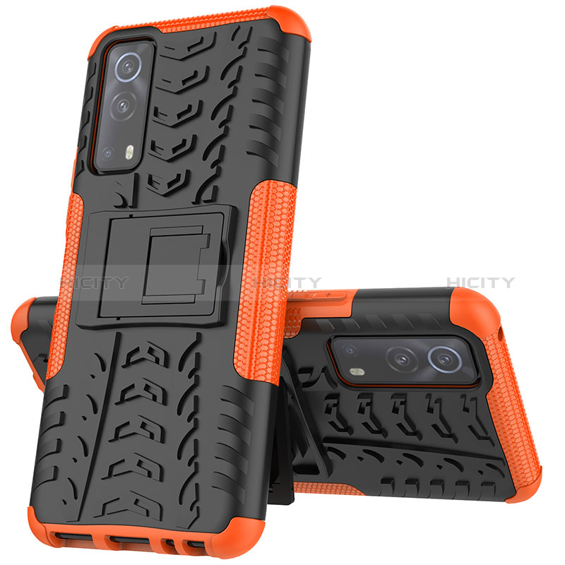 Coque Contour Silicone et Plastique Housse Etui Mat avec Support JX1 pour Vivo Y72 5G Orange Plus