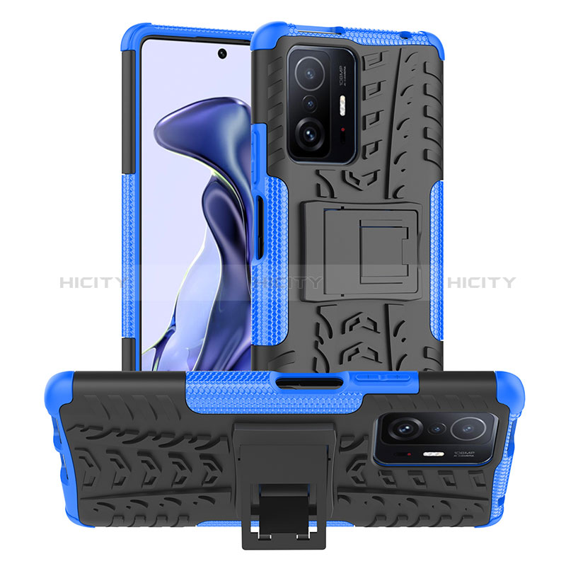 Coque Contour Silicone et Plastique Housse Etui Mat avec Support JX1 pour Xiaomi Mi 11T Pro 5G Bleu Plus