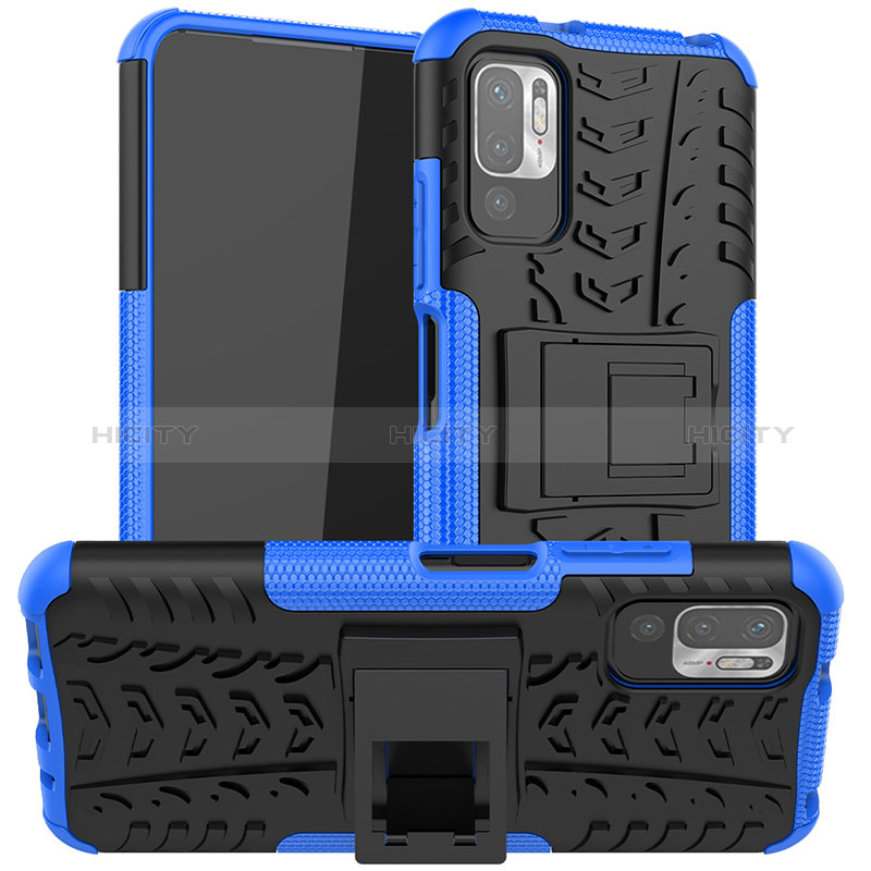 Coque Contour Silicone et Plastique Housse Etui Mat avec Support JX1 pour Xiaomi POCO M3 Pro 5G Bleu Plus