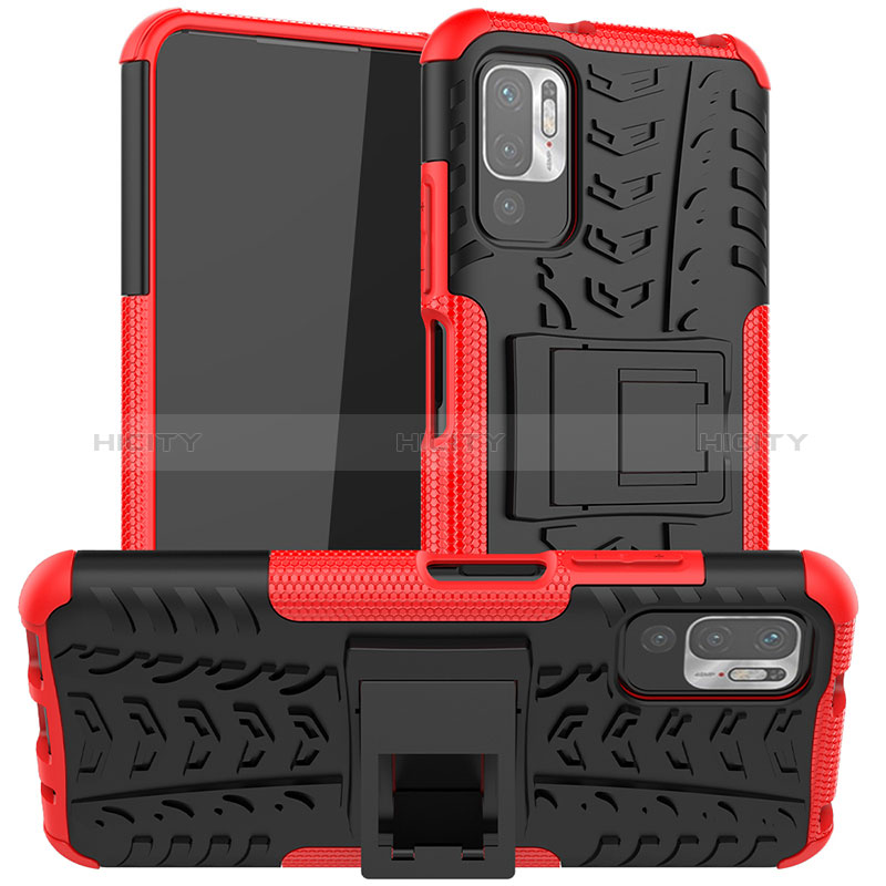 Coque Contour Silicone et Plastique Housse Etui Mat avec Support JX1 pour Xiaomi POCO M3 Pro 5G Rouge Plus