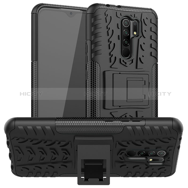 Coque Contour Silicone et Plastique Housse Etui Mat avec Support JX1 pour Xiaomi Redmi 9 Prime India Noir Plus