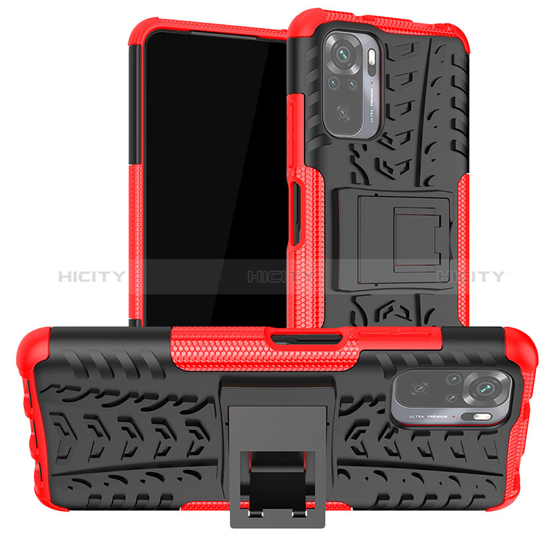 Coque Contour Silicone et Plastique Housse Etui Mat avec Support JX1 pour Xiaomi Redmi Note 10 4G Rouge Plus