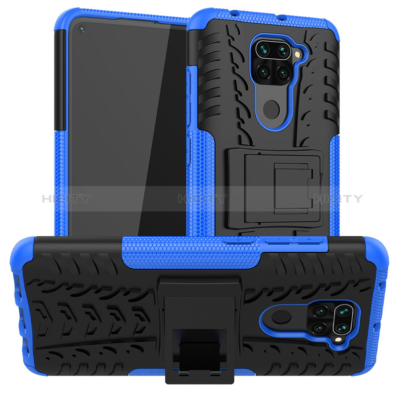 Coque Contour Silicone et Plastique Housse Etui Mat avec Support JX1 pour Xiaomi Redmi Note 9 Bleu Plus