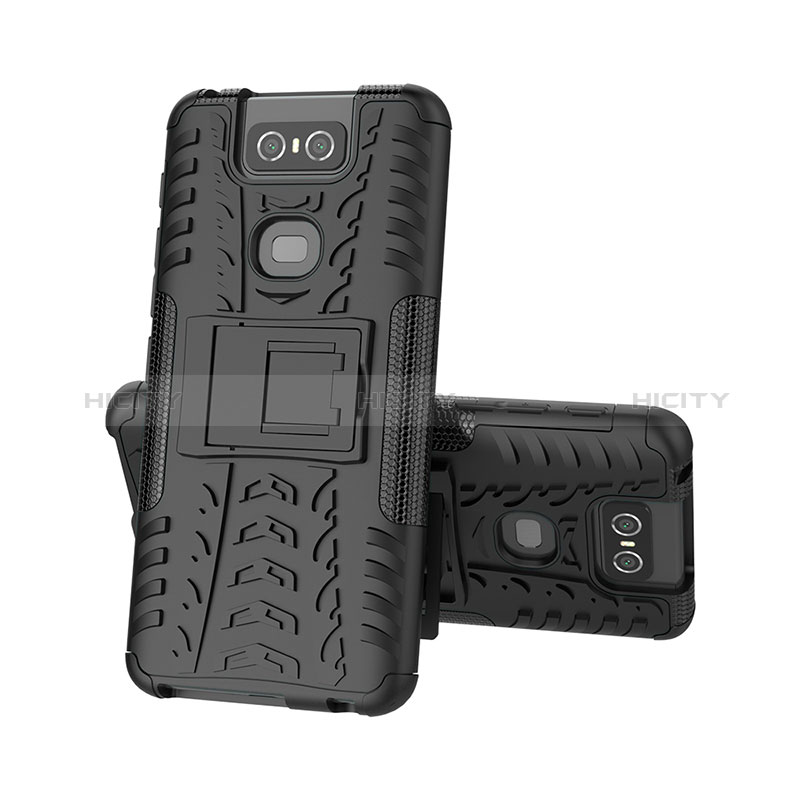 Coque Contour Silicone et Plastique Housse Etui Mat avec Support JX2 pour Asus Zenfone 6 ZS630KL Noir Plus