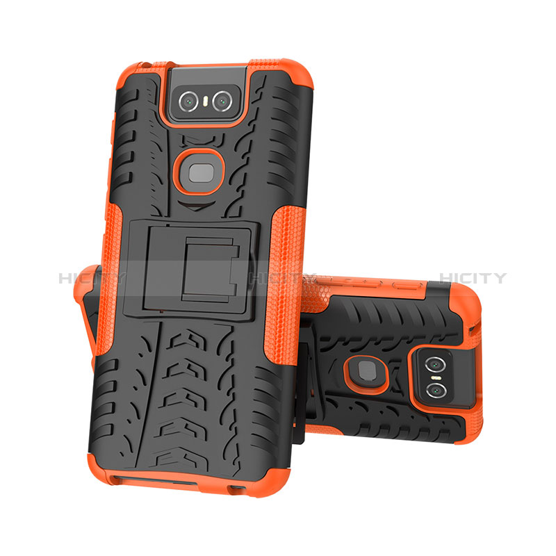 Coque Contour Silicone et Plastique Housse Etui Mat avec Support JX2 pour Asus Zenfone 6 ZS630KL Orange Plus