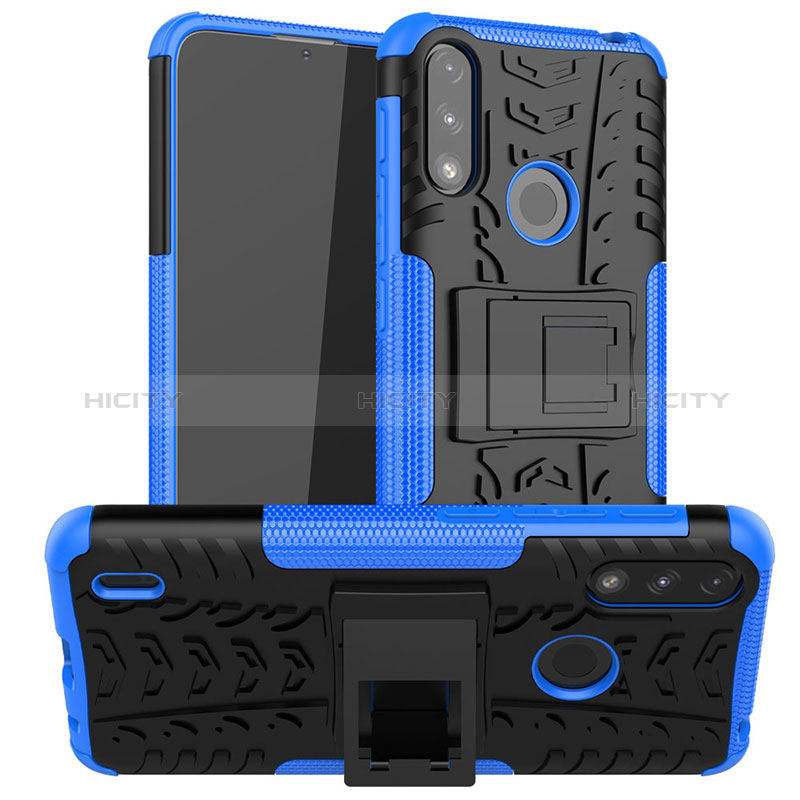 Coque Contour Silicone et Plastique Housse Etui Mat avec Support JX2 pour Motorola Moto E7 Power Bleu Plus