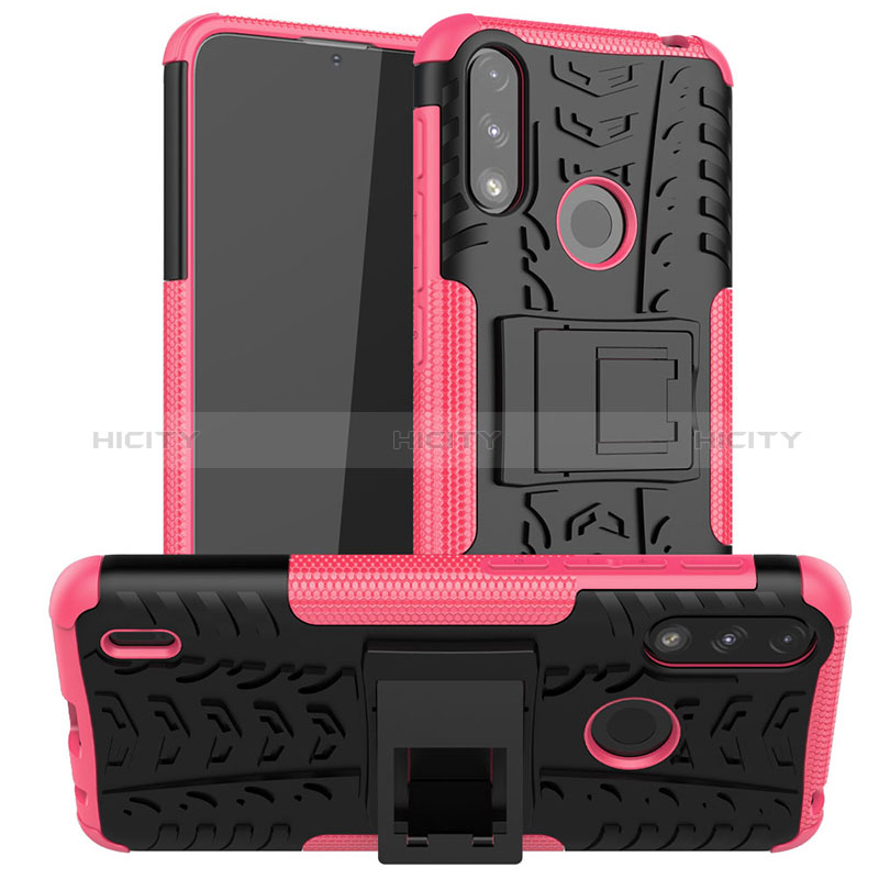 Coque Contour Silicone et Plastique Housse Etui Mat avec Support JX2 pour Motorola Moto E7 Power Rose Rouge Plus