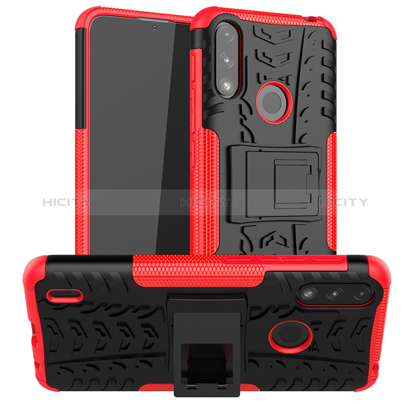 Coque Contour Silicone et Plastique Housse Etui Mat avec Support JX2 pour Motorola Moto E7 Power Rouge Plus