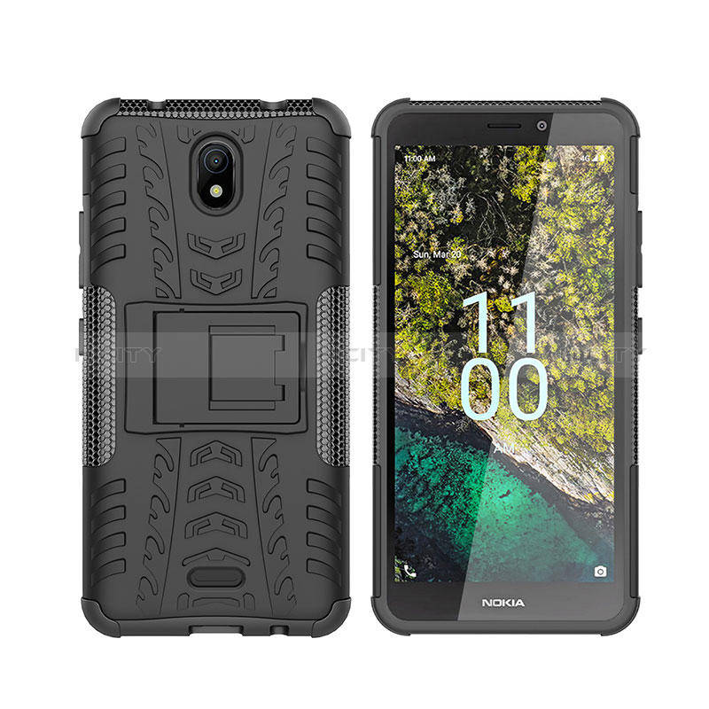 Coque Contour Silicone et Plastique Housse Etui Mat avec Support JX2 pour Nokia C100 Noir Plus