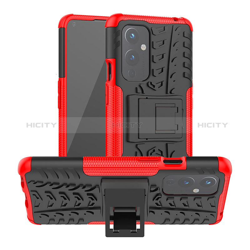 Coque Contour Silicone et Plastique Housse Etui Mat avec Support JX2 pour OnePlus 9 5G Rouge Plus