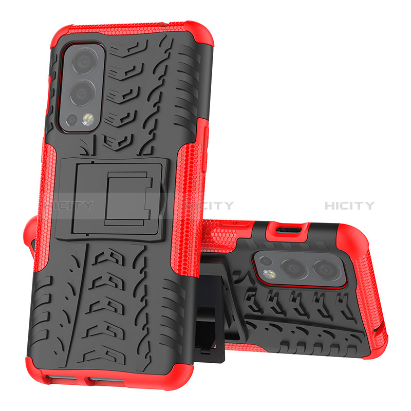 Coque Contour Silicone et Plastique Housse Etui Mat avec Support JX2 pour OnePlus Nord 2 5G Rouge Plus