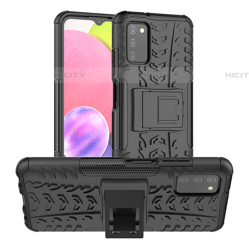 Coque Contour Silicone et Plastique Housse Etui Mat avec Support JX2 pour Samsung Galaxy A03s Noir Plus