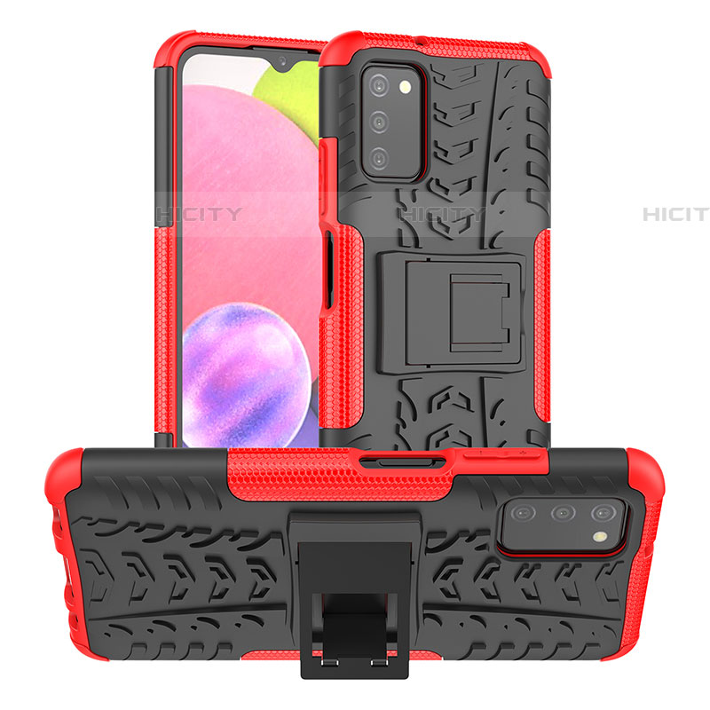 Coque Contour Silicone et Plastique Housse Etui Mat avec Support JX2 pour Samsung Galaxy A03s Rouge Plus