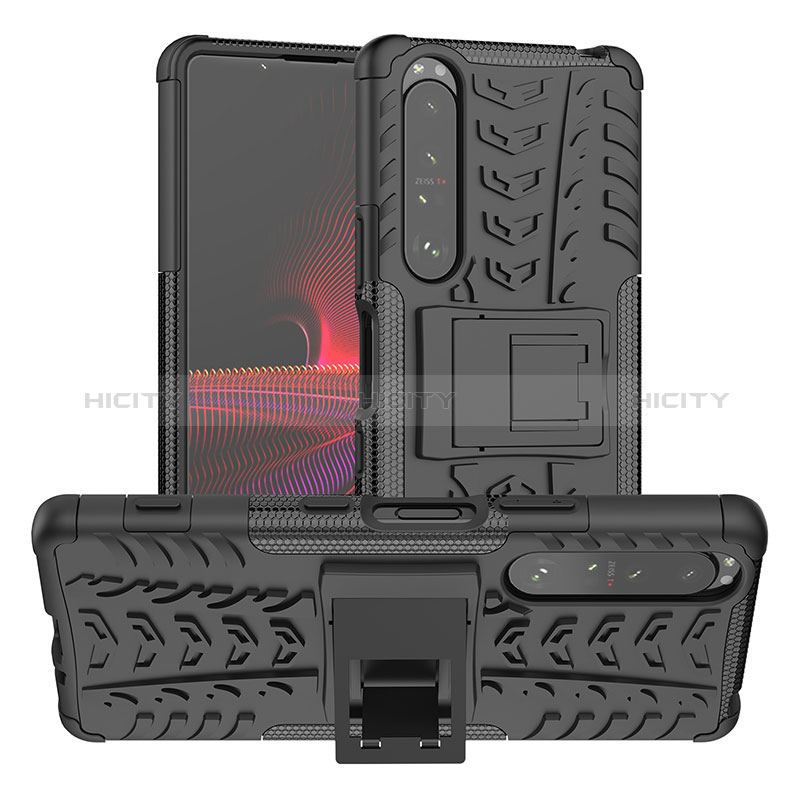 Coque Contour Silicone et Plastique Housse Etui Mat avec Support JX2 pour Sony Xperia 1 III Noir Plus