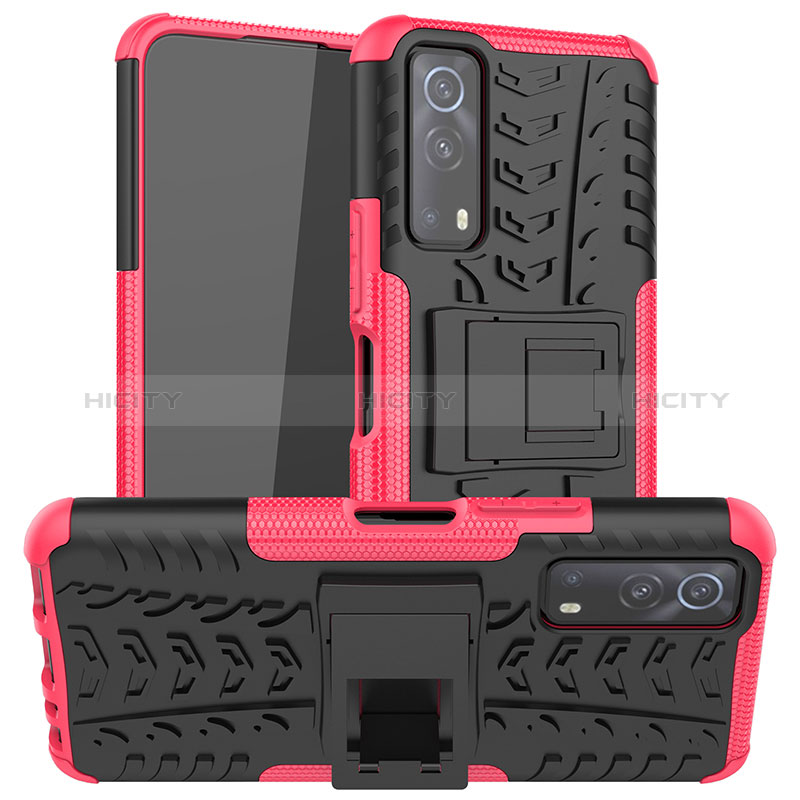 Coque Contour Silicone et Plastique Housse Etui Mat avec Support JX2 pour Vivo Y72 5G Rose Rouge Plus