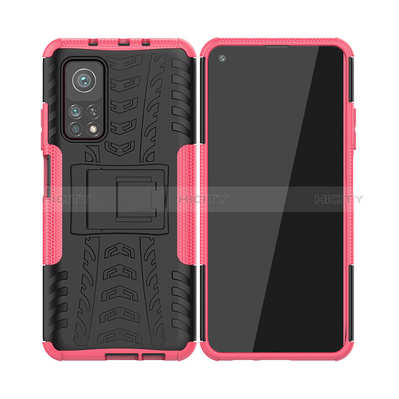 Coque Contour Silicone et Plastique Housse Etui Mat avec Support JX2 pour Xiaomi Mi 10T Pro 5G Rose Rouge Plus