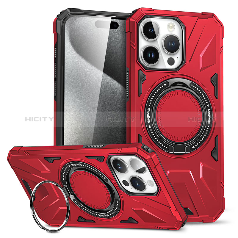 Coque Contour Silicone et Plastique Housse Etui Mat avec Support K02C pour Apple iPhone 15 Pro Rouge Plus