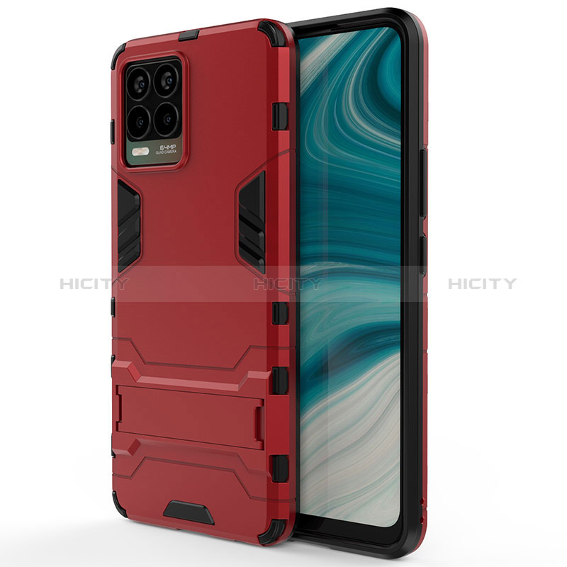 Coque Contour Silicone et Plastique Housse Etui Mat avec Support KC1 pour Realme 8 4G Rouge Plus