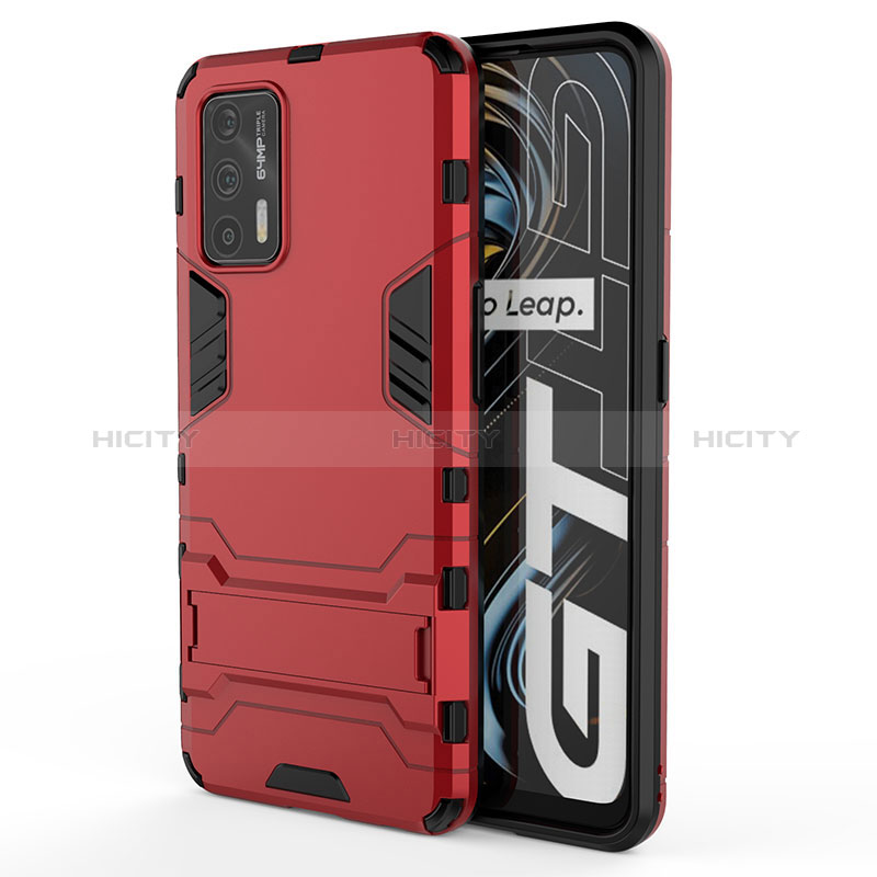 Coque Contour Silicone et Plastique Housse Etui Mat avec Support KC1 pour Realme GT 5G Rouge Plus