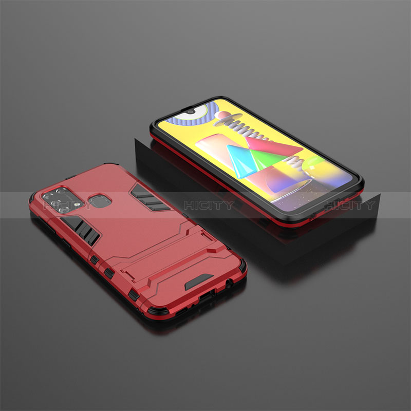 Coque Contour Silicone et Plastique Housse Etui Mat avec Support KC1 pour Samsung Galaxy M21s Rouge Plus