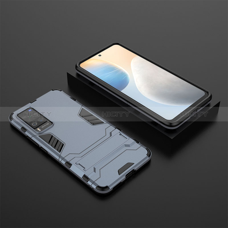 Coque Contour Silicone et Plastique Housse Etui Mat avec Support KC1 pour Vivo X60 Pro 5G Bleu Plus