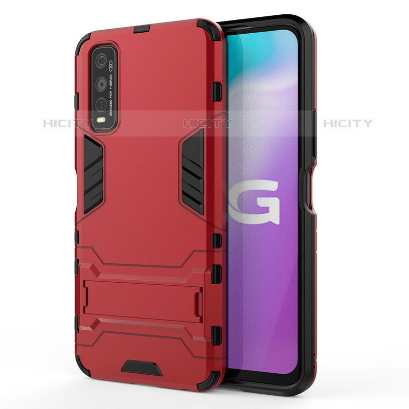 Coque Contour Silicone et Plastique Housse Etui Mat avec Support KC1 pour Vivo Y70S 5G Rouge Plus