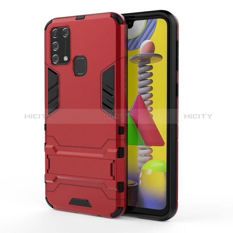 Coque Contour Silicone et Plastique Housse Etui Mat avec Support KC2 pour Samsung Galaxy M21s Rouge Plus