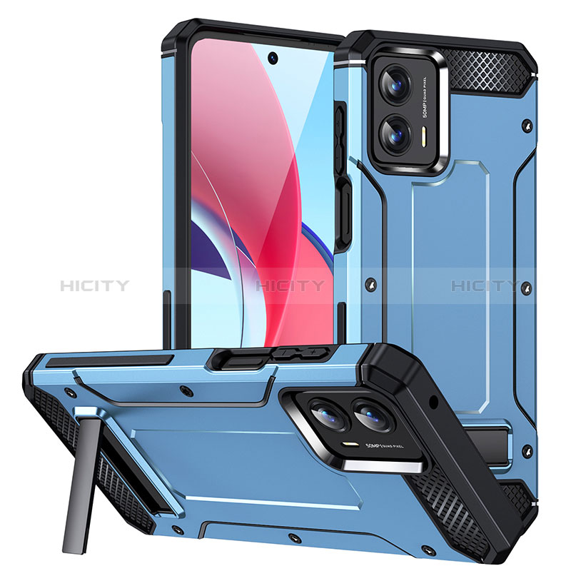 Coque Contour Silicone et Plastique Housse Etui Mat avec Support MQ1 pour Motorola Moto G 5G (2023) Bleu Ciel Plus