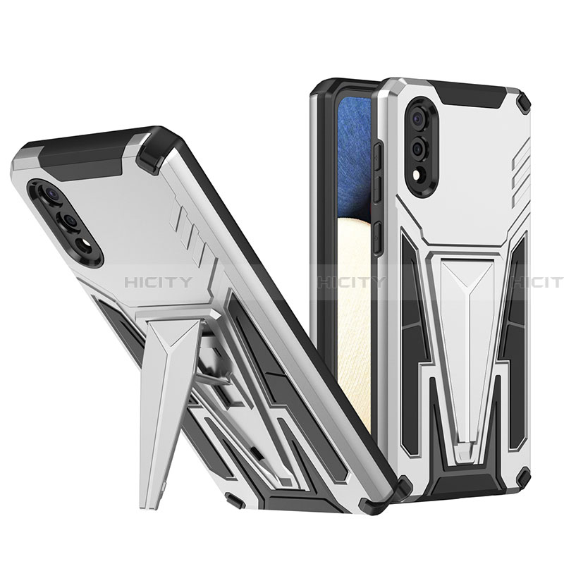 Coque Contour Silicone et Plastique Housse Etui Mat avec Support MQ1 pour Samsung Galaxy A02 Argent Plus