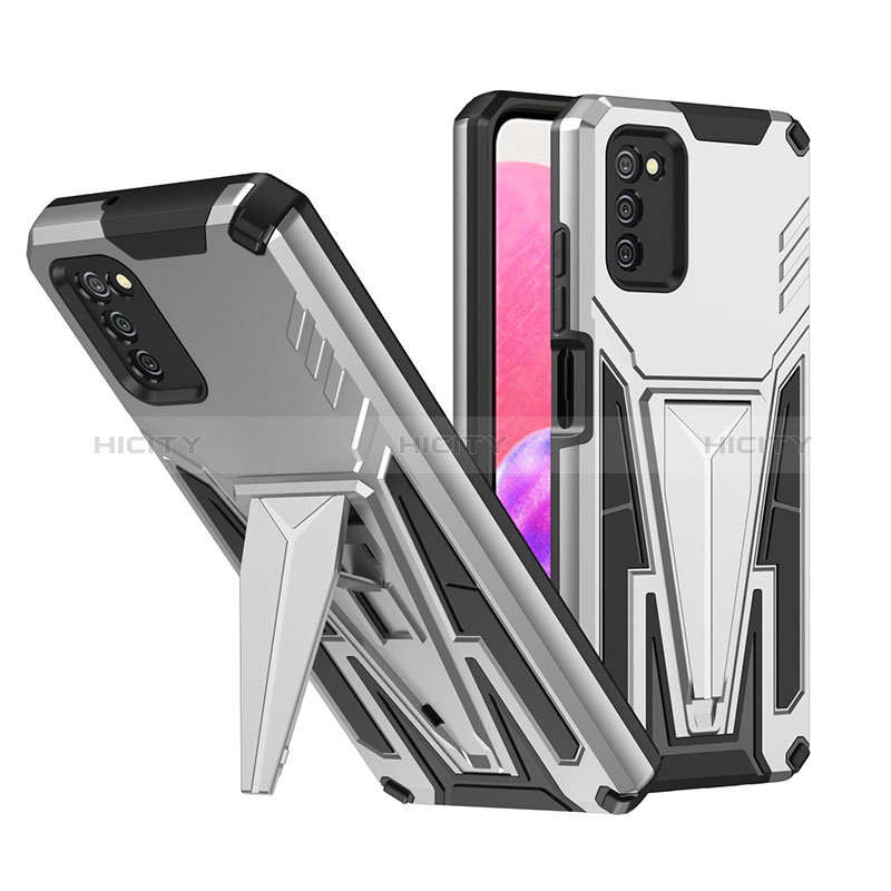 Coque Contour Silicone et Plastique Housse Etui Mat avec Support MQ1 pour Samsung Galaxy A02s Argent Plus