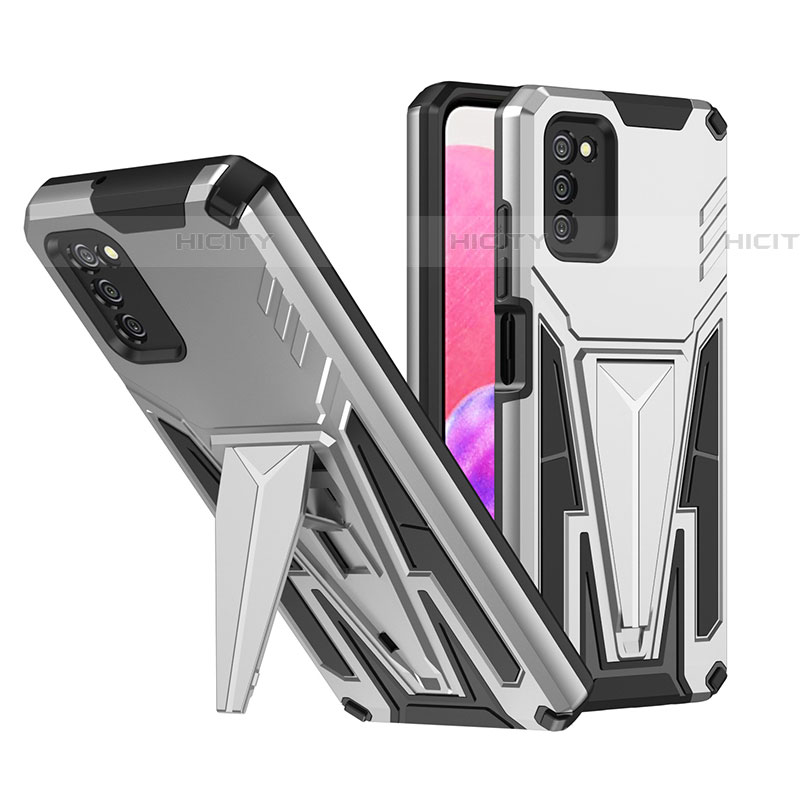 Coque Contour Silicone et Plastique Housse Etui Mat avec Support MQ1 pour Samsung Galaxy A03s Argent Plus