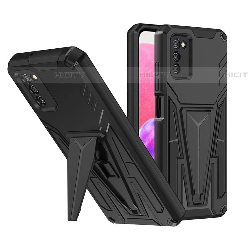 Coque Contour Silicone et Plastique Housse Etui Mat avec Support MQ1 pour Samsung Galaxy A03s Noir Plus