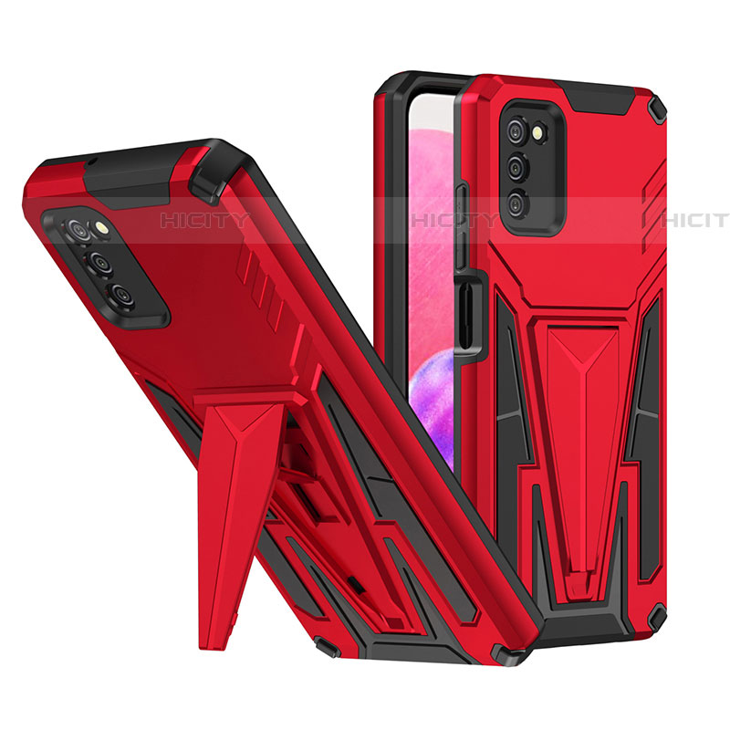 Coque Contour Silicone et Plastique Housse Etui Mat avec Support MQ1 pour Samsung Galaxy A03s Rouge Plus