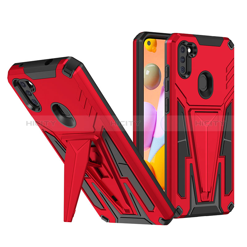 Coque Contour Silicone et Plastique Housse Etui Mat avec Support MQ1 pour Samsung Galaxy A11 Rouge Plus